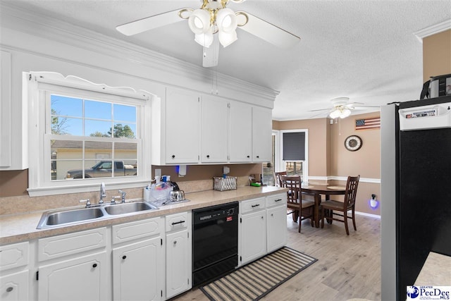 kitchen with dishwasher, light countertops, a sink, and white cabinetry