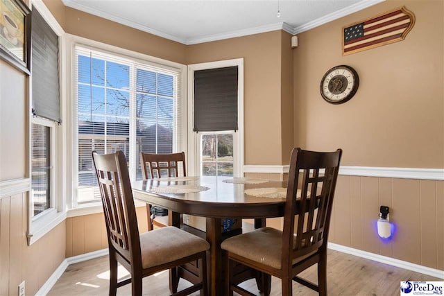 dining space with ornamental molding, a wainscoted wall, a healthy amount of sunlight, and light wood-style flooring