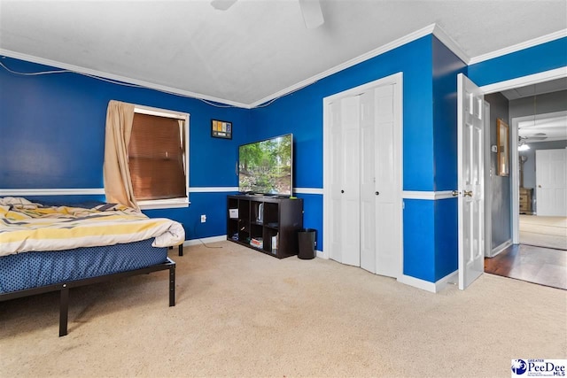 carpeted bedroom featuring a closet, crown molding, baseboards, and ceiling fan