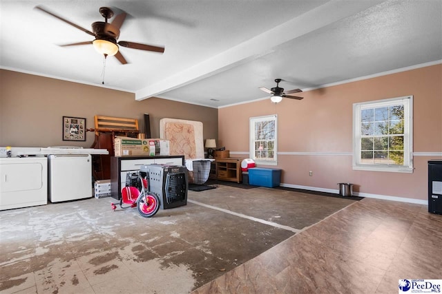 interior space with crown molding, washing machine and clothes dryer, ceiling fan, beamed ceiling, and baseboards