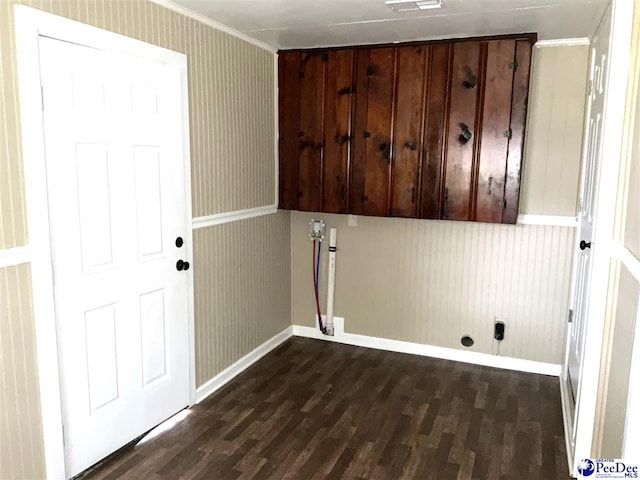 251 Papermill Rd, Florence, SC 29506 - laundry area featuring cabinet space, dark wood-style floors, baseboards, and crown molding