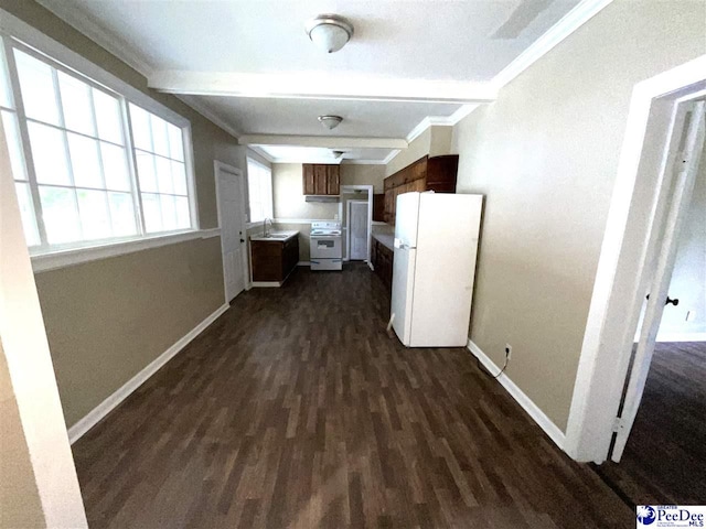 251 Papermill Rd, Florence, SC 29506 - kitchen featuring white appliances, a sink, dark wood-type flooring, beamed ceiling, and baseboards