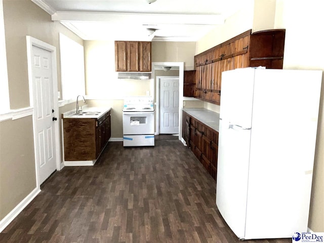 251 Papermill Rd, Florence, SC 29506 - kitchen featuring white appliances, under cabinet range hood, dark wood-type flooring, a sink, and light countertops