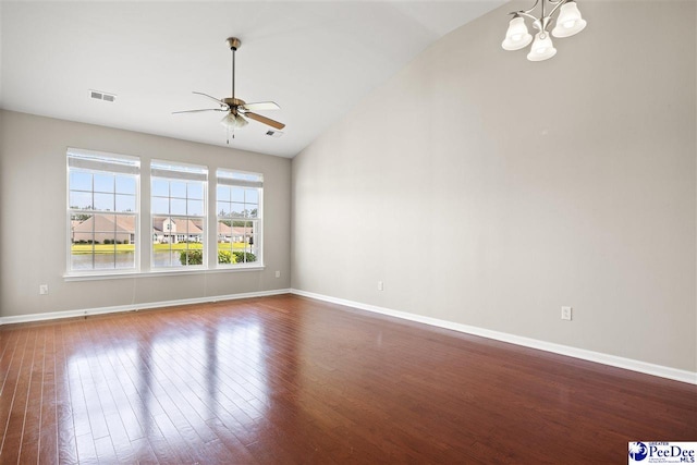 121 Parmelee Dr, Murrells Inlet, SC 29576 - unfurnished room with lofted ceiling, a chandelier, ceiling fan, and wood finished floors