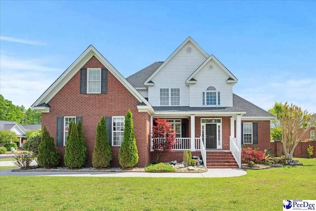 traditional-style home with brick siding, a front lawn, covered porch, and roof with shingles