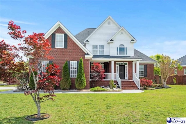 traditional-style home featuring brick siding, a front lawn, fence, and covered porch