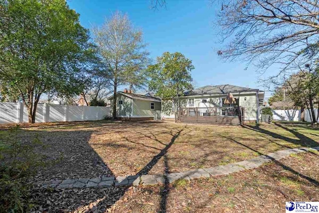 view of yard featuring a fenced backyard and a deck