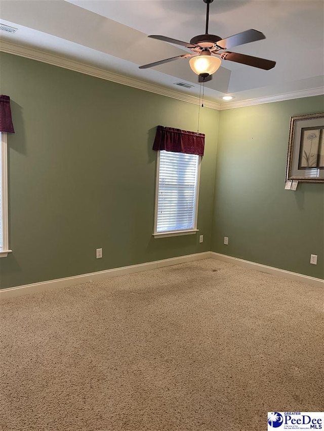 spare room featuring ceiling fan, ornamental molding, and carpet