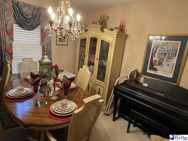 dining space featuring light colored carpet and a notable chandelier