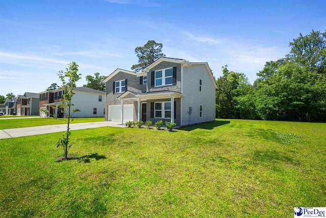 traditional-style home featuring an attached garage, concrete driveway, and a front lawn