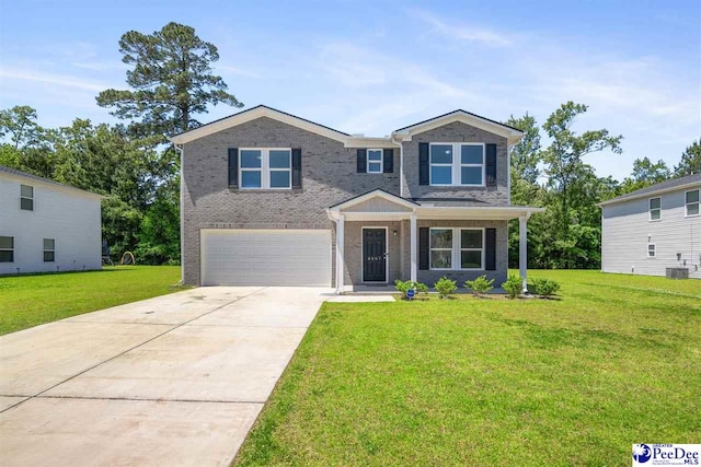 view of front of house featuring concrete driveway, brick siding, an attached garage, and a front lawn