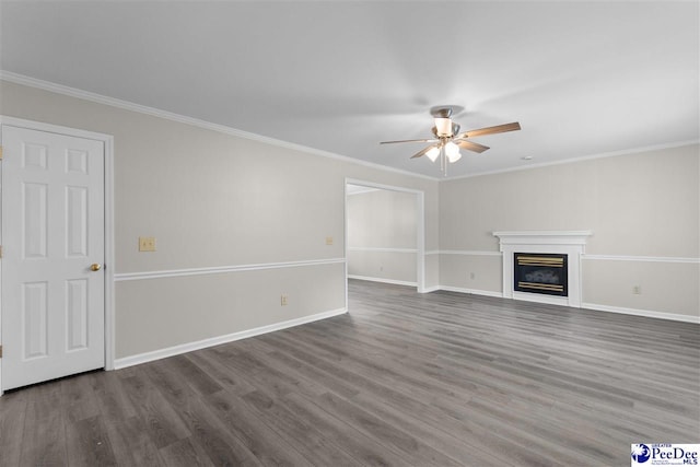 2348 Chadwick Dr, Florence, SC 29501 - unfurnished living room with ceiling fan, wood finished floors, a glass covered fireplace, and ornamental molding