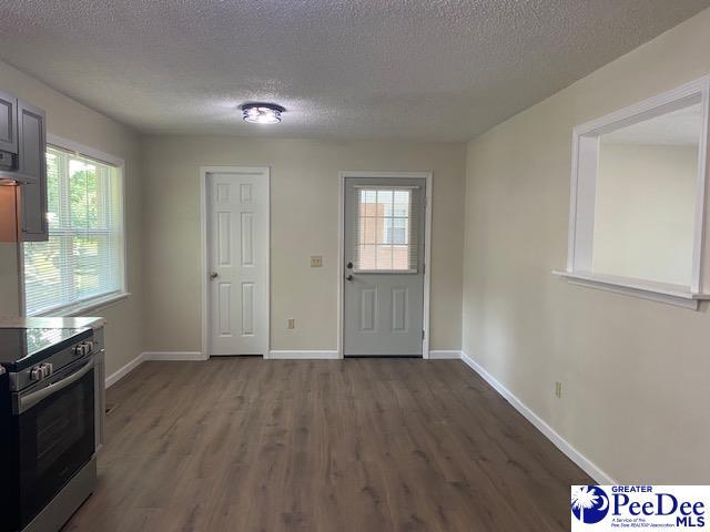 interior space featuring dark wood-type flooring, plenty of natural light, and a textured ceiling