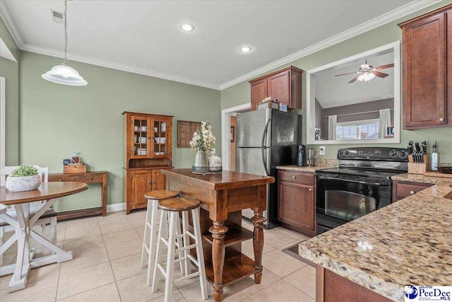 3471 Sweetgrass Dr, Florence, SC 29501 - kitchen featuring black electric range, freestanding refrigerator, light tile patterned flooring, ceiling fan, and ornamental molding