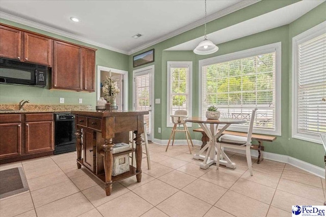 3471 Sweetgrass Dr, Florence, SC 29501 - kitchen with black appliances, ornamental molding, light tile patterned floors, decorative light fixtures, and baseboards