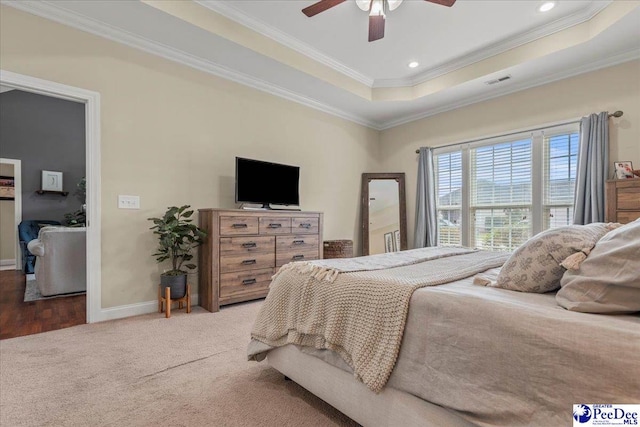 3471 Sweetgrass Dr, Florence, SC 29501 - bedroom with a tray ceiling, crown molding, carpet, baseboards, and a ceiling fan