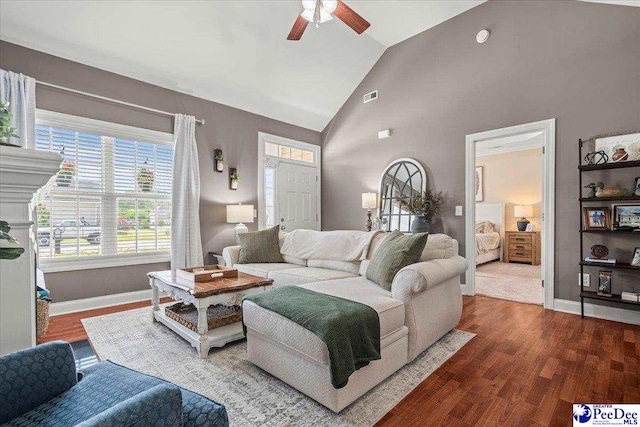 3471 Sweetgrass Dr, Florence, SC 29501 - living area featuring a ceiling fan, wood finished floors, baseboards, and high vaulted ceiling