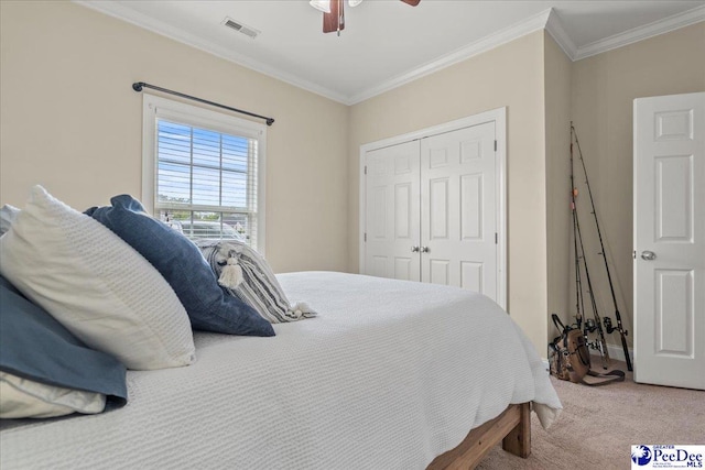 3471 Sweetgrass Dr, Florence, SC 29501 - bedroom featuring a closet, carpet, ornamental molding, and ceiling fan