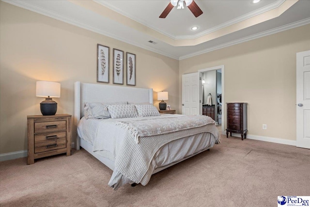 3471 Sweetgrass Dr, Florence, SC 29501 - bedroom with light carpet, crown molding, a tray ceiling, baseboards, and a ceiling fan