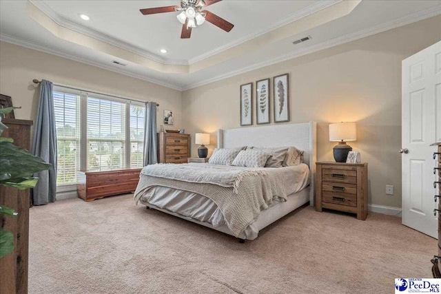 3471 Sweetgrass Dr, Florence, SC 29501 - bedroom with carpet floors, ornamental molding, a tray ceiling, recessed lighting, and ceiling fan