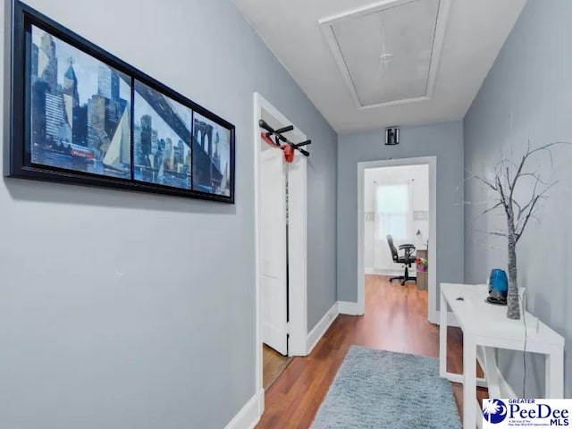 1417 Woods Rd, Florence, SC 29501 - corridor with attic access, wood finished floors, and an office area