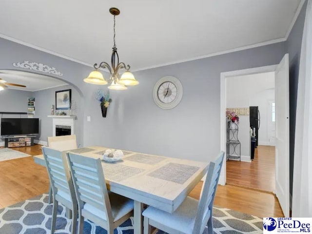 1417 Woods Rd, Florence, SC 29501 - dining room with ornamental molding, light wood finished floors, a fireplace, a chandelier, and a ceiling fan