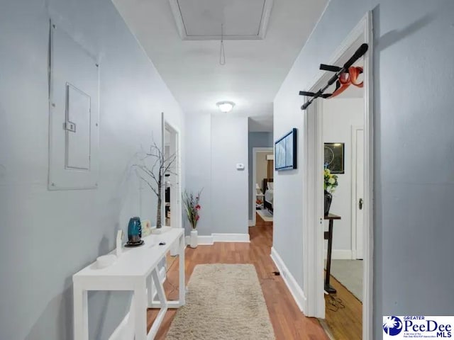 1417 Woods Rd, Florence, SC 29501 - corridor featuring light wood-type flooring, attic access, and electric panel