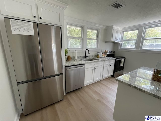 929 E Home Ave, Hartsville, SC 29550 - kitchen with visible vents, white cabinets, a sink, appliances with stainless steel finishes, and light wood-style floors