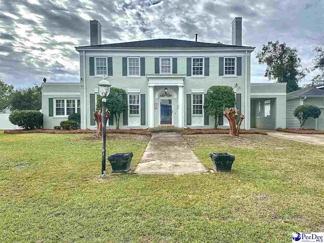 colonial inspired home with a front lawn