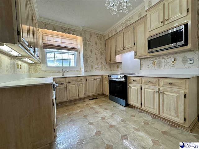 kitchen with ornamental molding, electric range oven, sink, and a textured ceiling