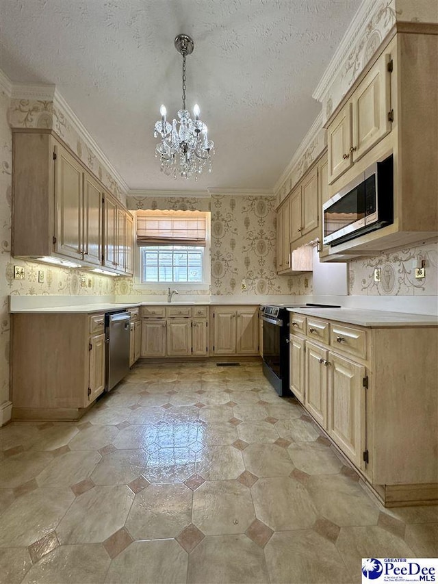 kitchen with appliances with stainless steel finishes, ornamental molding, light brown cabinetry, decorative light fixtures, and a chandelier