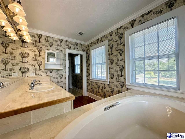 bathroom featuring crown molding, a bathing tub, sink, and a textured ceiling