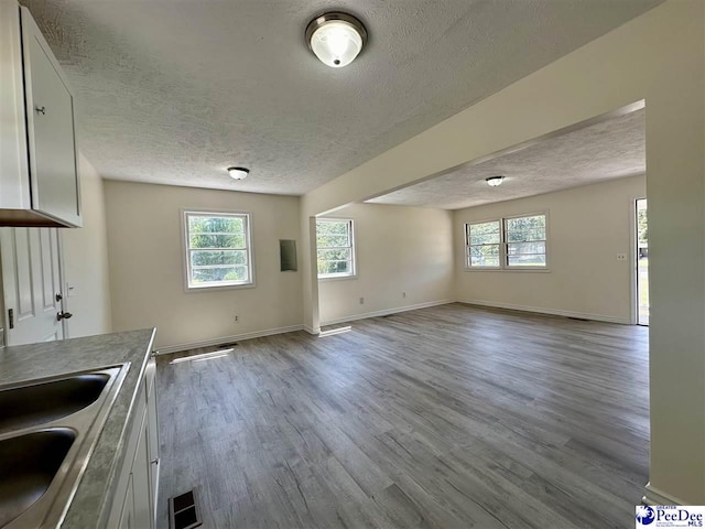 interior space with sink, a wealth of natural light, white cabinets, and light wood-type flooring