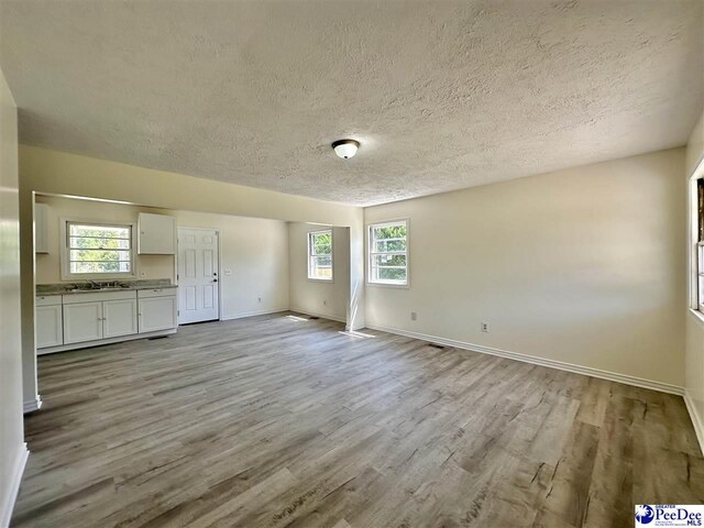 unfurnished living room featuring a healthy amount of sunlight, sink, a textured ceiling, and light hardwood / wood-style flooring