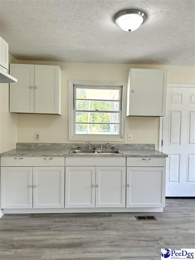 kitchen with light hardwood / wood-style floors, sink, a textured ceiling, and white cabinets