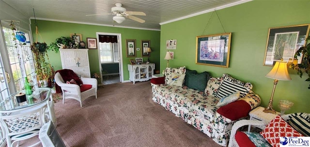 carpeted living room featuring ceiling fan and crown molding