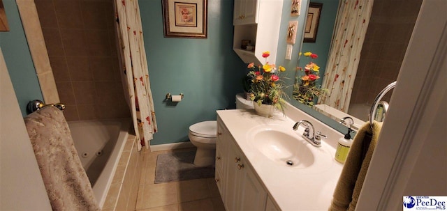 bathroom featuring shower / bath combo, baseboards, toilet, tile patterned floors, and vanity