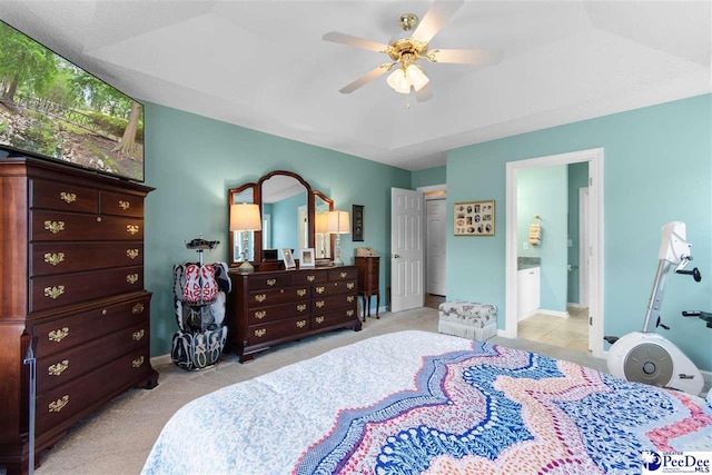 2122 Twin Bridge Dr, Florence, SC 29505 - bedroom with light colored carpet, a ceiling fan, and ensuite bath
