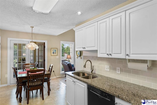 2122 Twin Bridge Dr, Florence, SC 29505 - kitchen featuring black dishwasher, backsplash, white cabinets, a chandelier, and stone counters