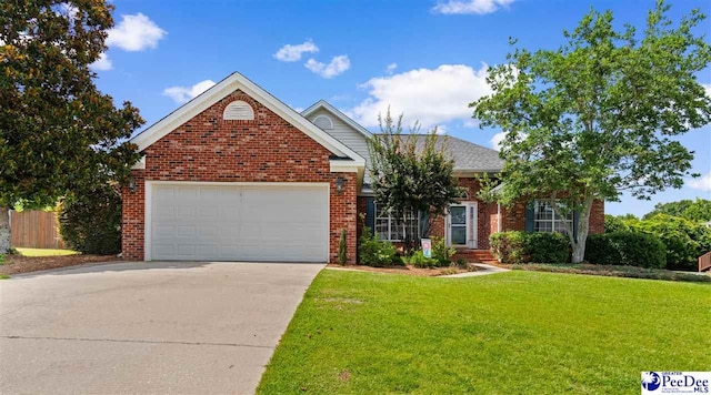 2122 Twin Bridge Dr, Florence, SC 29505 - view of front of property with a front lawn, brick siding, an attached garage, and concrete driveway