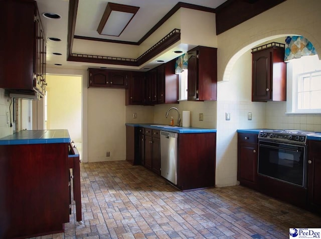 kitchen with ornamental molding, stainless steel dishwasher, electric range, and backsplash