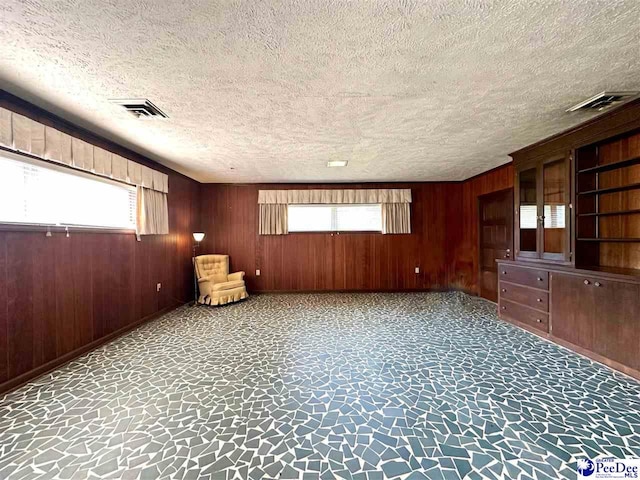 carpeted spare room featuring a healthy amount of sunlight and wood walls