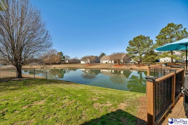 view of water feature featuring fence