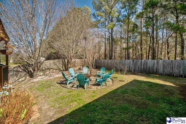 view of yard with an outdoor fire pit and a fenced backyard