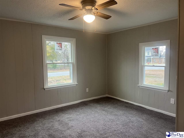 unfurnished room featuring ceiling fan, a textured ceiling, carpet, and ornamental molding