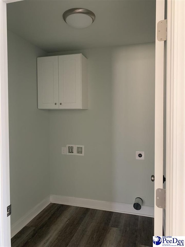 laundry area featuring dark wood-style floors, baseboards, hookup for an electric dryer, cabinet space, and washer hookup