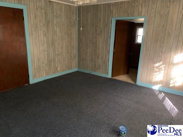 carpeted empty room with wooden walls