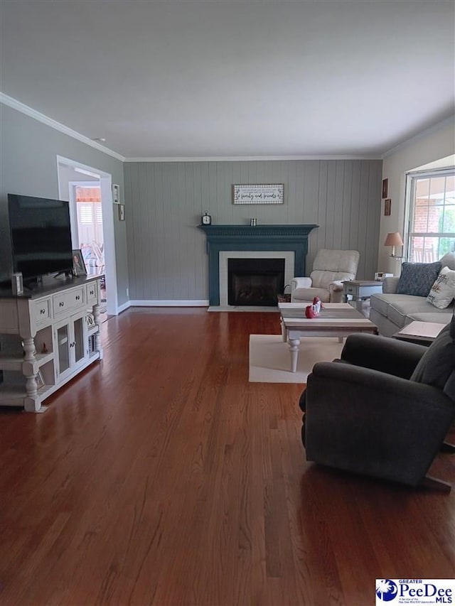 living room featuring crown molding and dark hardwood / wood-style floors