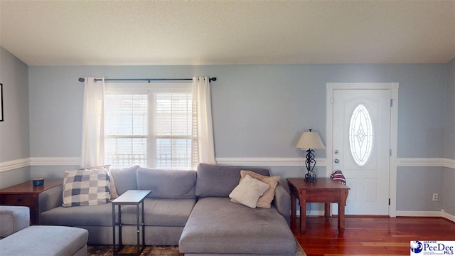 living area with baseboards, wood finished floors, and plenty of natural light