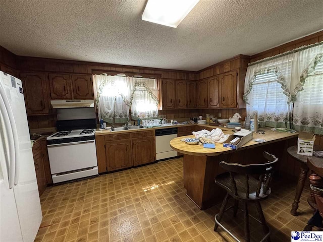803 Pearl St, Darlington, SC 29532 - kitchen with a textured ceiling, white appliances, a peninsula, and under cabinet range hood